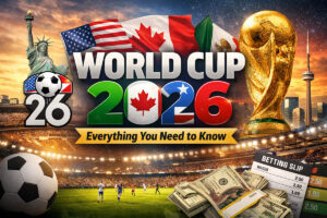 Một cái nhìn sống động về World Cup 2026 tại Bắc Mỹ với chiếc cúp FIFA, một sân vận động chật kín khán giả và những địa danh mang tính biểu tượng của Hoa Kỳ, Canada và Mexico.